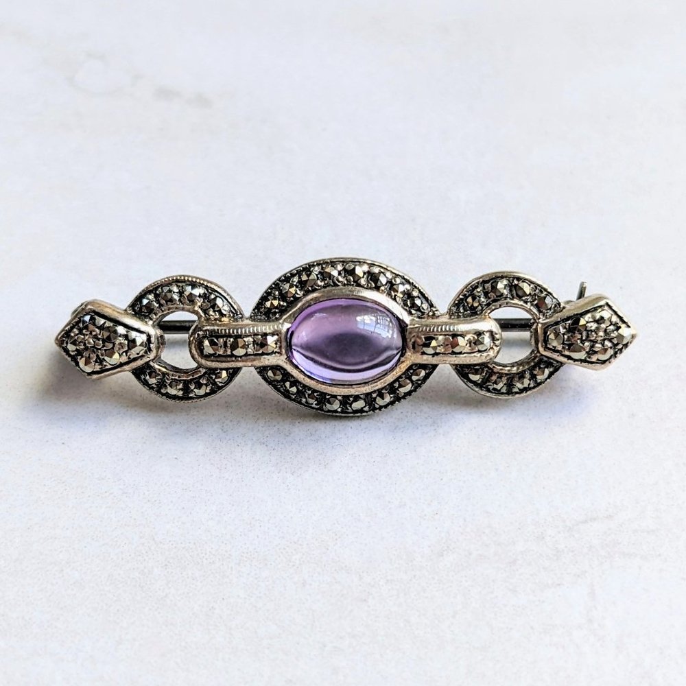 Vintage Creations Sterling Silver Marcasite & Amethyst Art Deco Pin Brooch